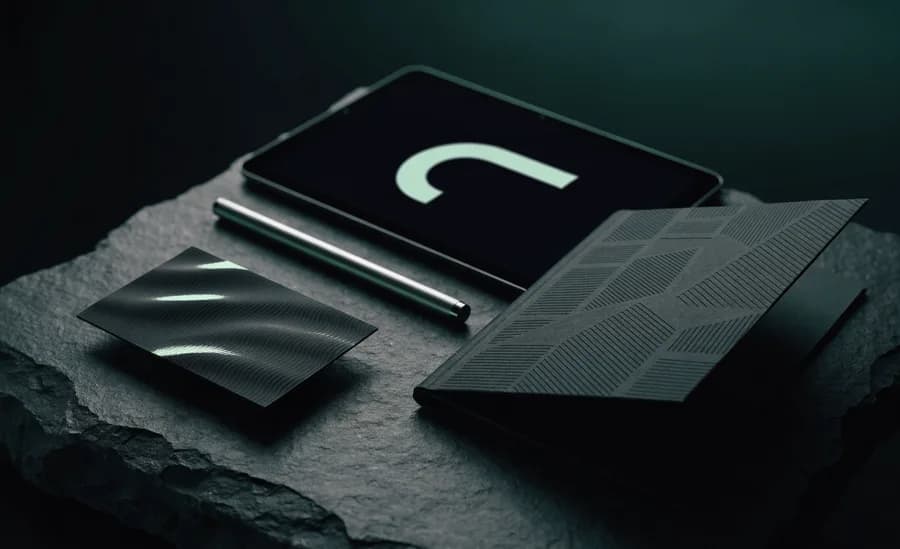 Brand collateral — a card, a box and a notebook carrying the same embossed mark