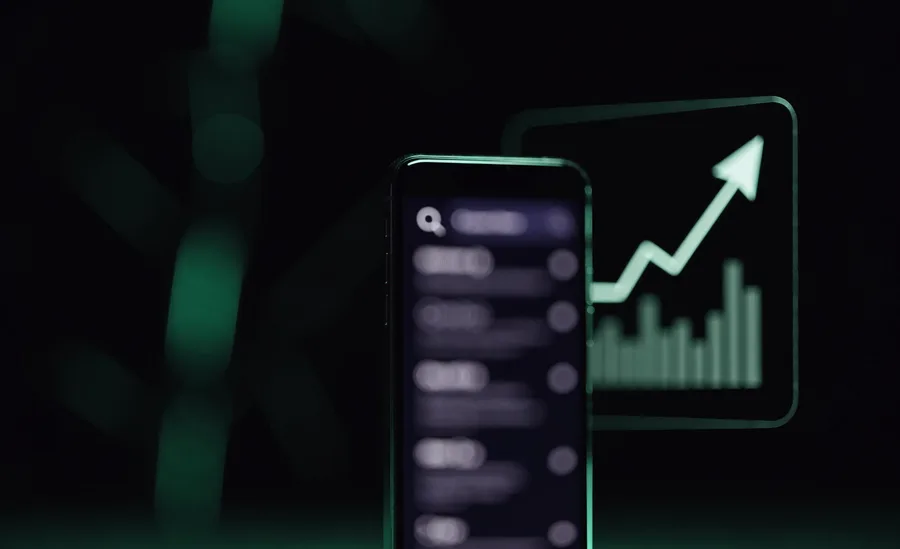 A phone showing search results beside a magnifying lens and a rising green graph
