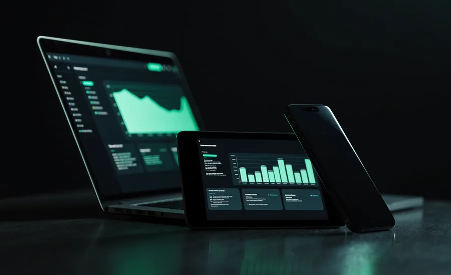 A tablet and phone showing dashboards, charts and an invoice card