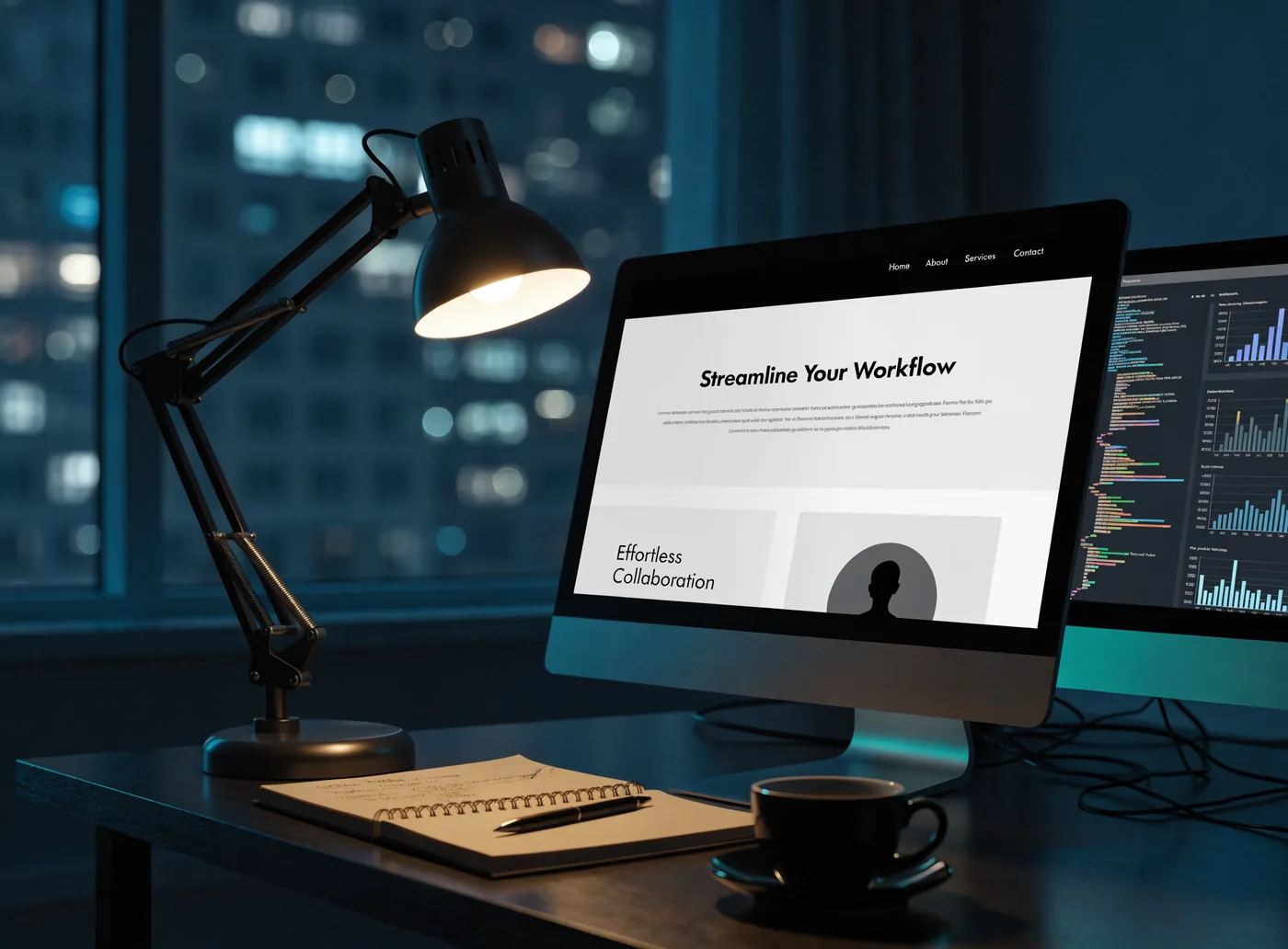 A studio desk at night: a large screen showing a finished website, a second screen of code and charts beside it