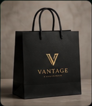 A gold wordmark on a dark carrier bag