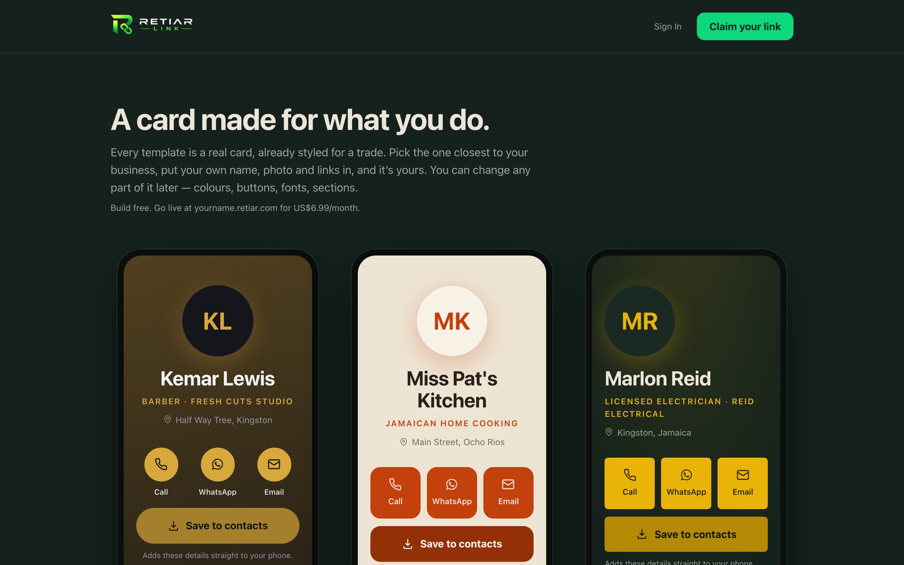 Retiar Link templates: example cards for a barber, a cook and an electrician